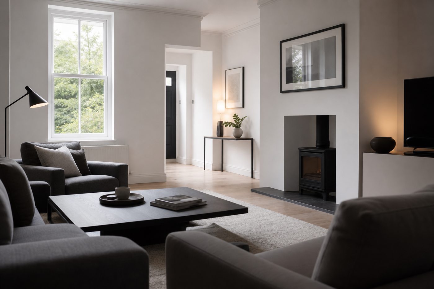 Beautifully finished, high-ceiling modern-classic Georgian living room in Ashby